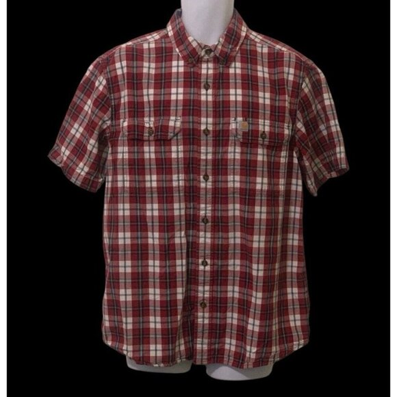 Carhartt Mens Relaxed Fit Plaid Shirt Size L Red White Blue Front Pockets - Picture 4 of 12